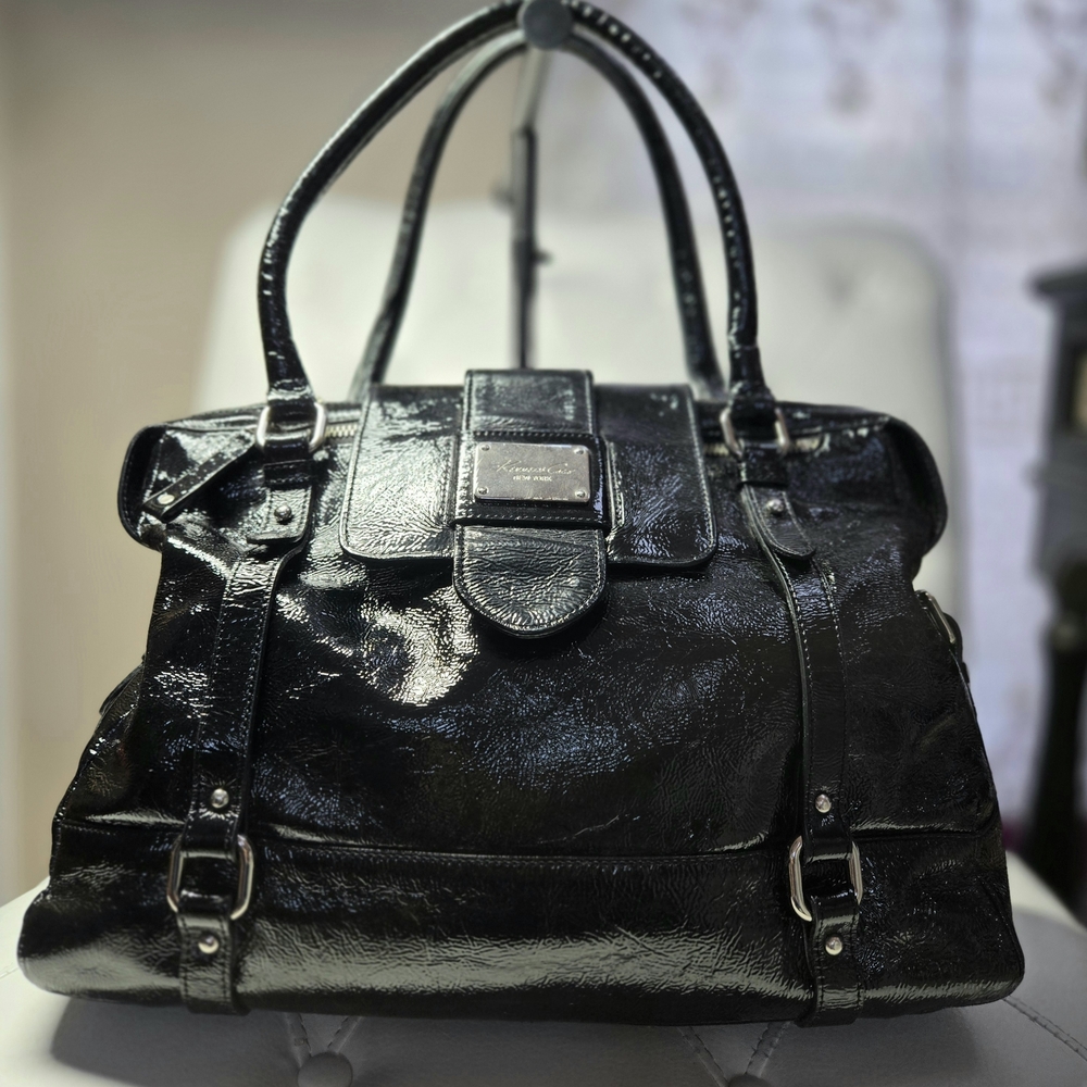 Kenneth Cole black patent leather satchel handbag.